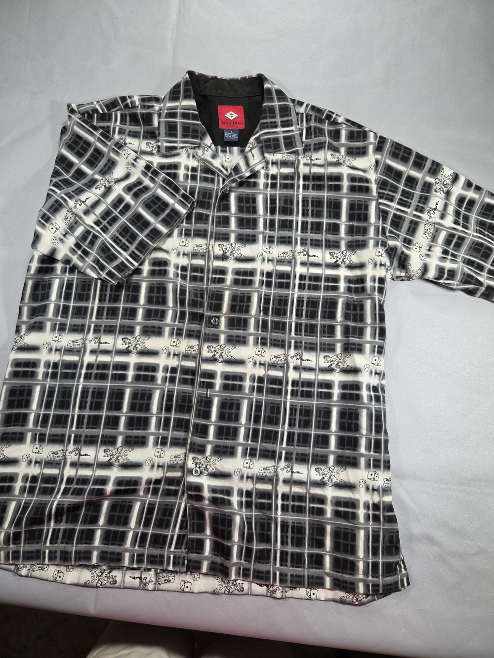 VTG Raw Blue Mens Large Black White Plaid Dice Graphic Y2K Streetwear Shirt